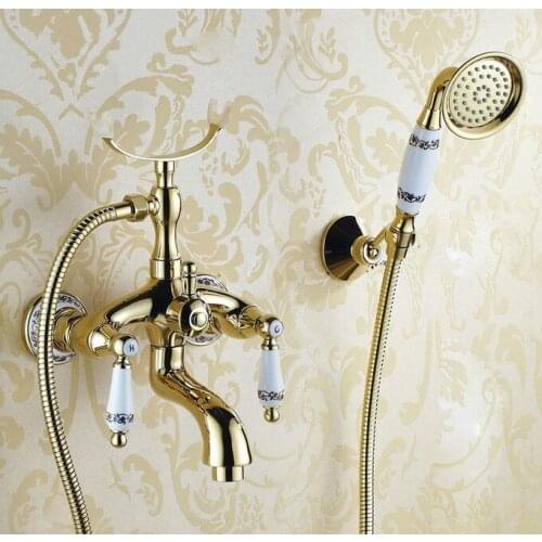 Luxury Gold Color Brass Bathroom Wall Mounted Handheld Shower Bath Tub Faucet Mixer Tap With Shower Head Bracket Holder atf407