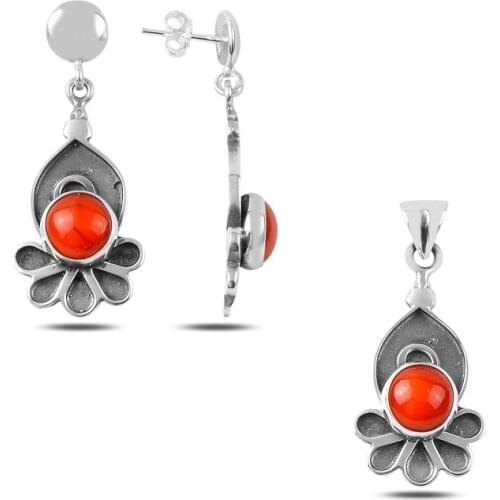 Silverlina Silver Coral Stone Handwork Set