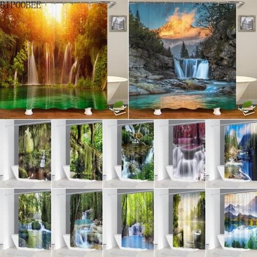 Natural Landscape Fabric Shower Curtains Waterproof Durable Lake Forest Bathroom Curtain Waterfall Bath Screen with 12 Hooks