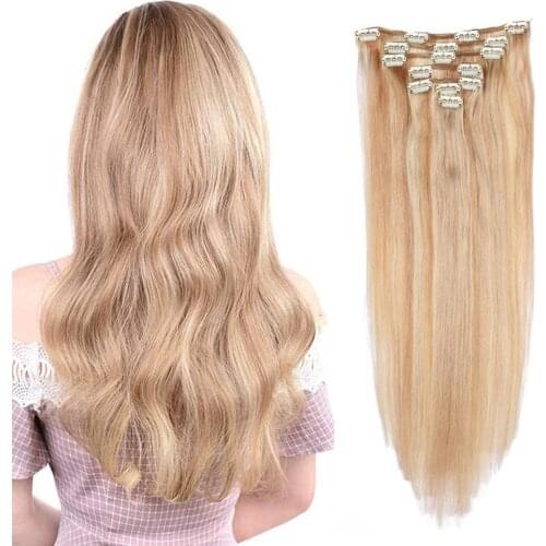 Hightlight Long Silk Straight Clip in Hair Extensions Human Hair Remy Human Hair Extensions Clip in Natural Hair Extensions