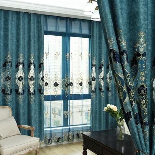 High-end Blue European-style Chenille Water-soluble Embroidered Curtains for Living Room Bedroom Shading Curtains Tulle Custom