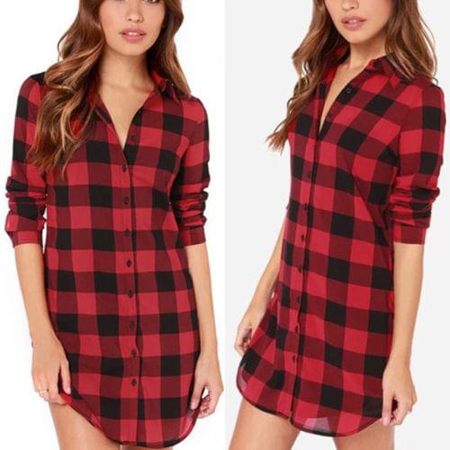 Women Long Sleeve long Blouse Plaid Print Shirt Single Breasted Cotton Shirt womens shirt blouses top plus size M to 2XL