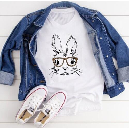 Bunny With Leopard Glasses Colored Print T-shirt Casual Hipster Graphic Rabbit Tee Shirt Top Cute Women Easter Day Gift Tshirt