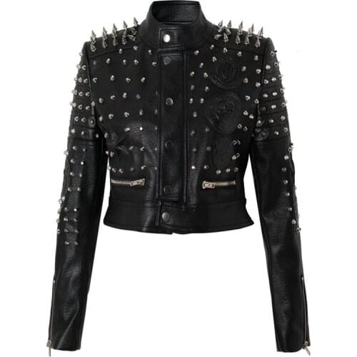 Punk Style Faux Leather Short Jacket Women Graffiti Studded Rivet Fashion High Waist Motorcycle Jackets