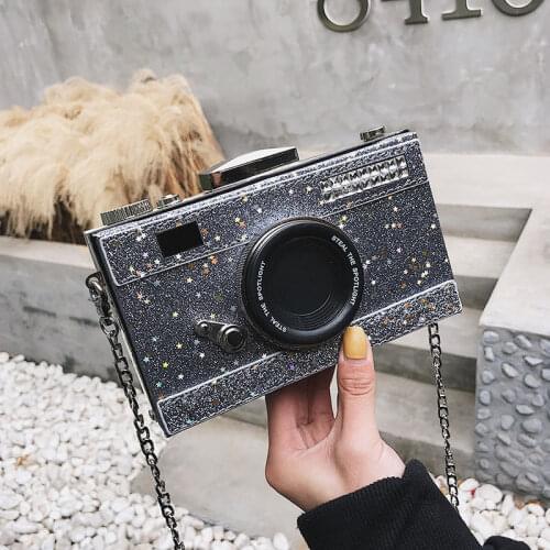 Womens Small Shoulder Bag Fashion Camera Shape Metal Chain Crossbody Bag Luxury Design Sequin Party Purse ZD1980