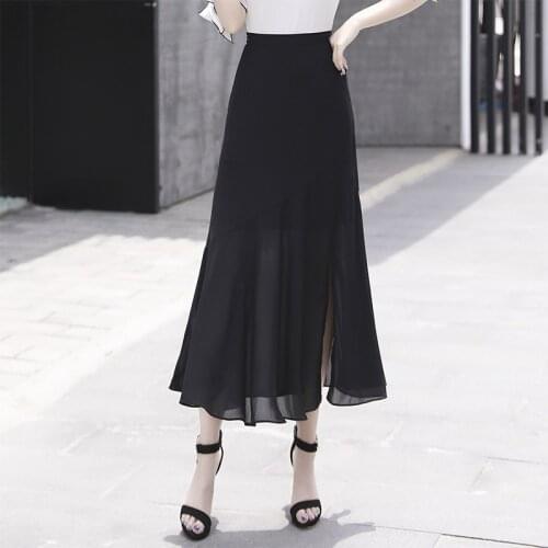 Summer New Side Slit Women Chiffon Skirt Drop Shipping Medium Long Mermaid Bud Skirt