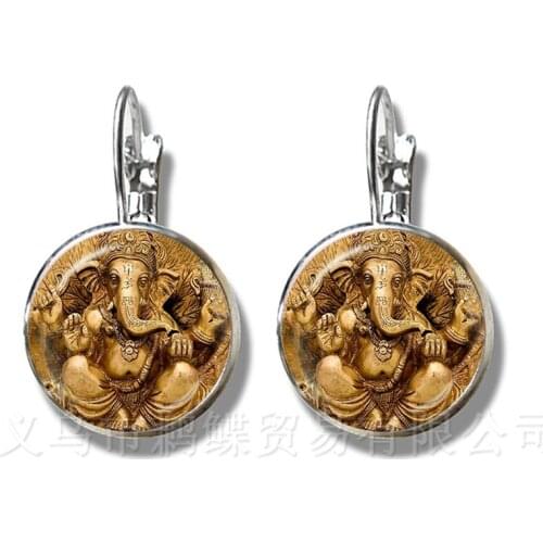 Glass Time Gem Earrings 16mm Ganesha Buddha Elephant Silver Plated Stud Earrings Handmand Classic Jewelry For Women Girls