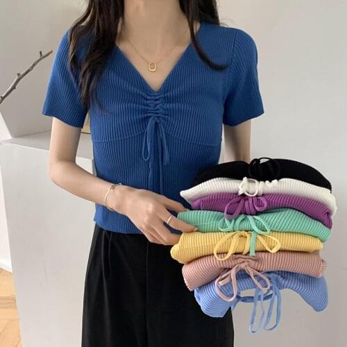 Summer New White Short Sleeve Pullovers Women Sweaters V-neck Drawstring Cropped Tops Slim Fashion Knitted All-match Top Female