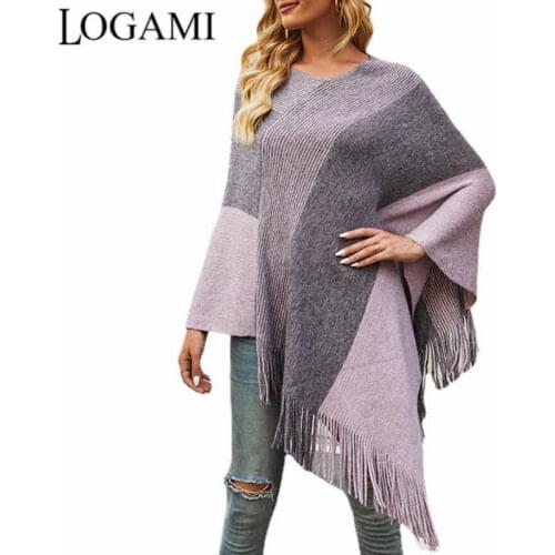 LOGAMI Contrasting Color Cloak Shawl Poncho Mujer Womens Coats and Capes Knitting Ponchos