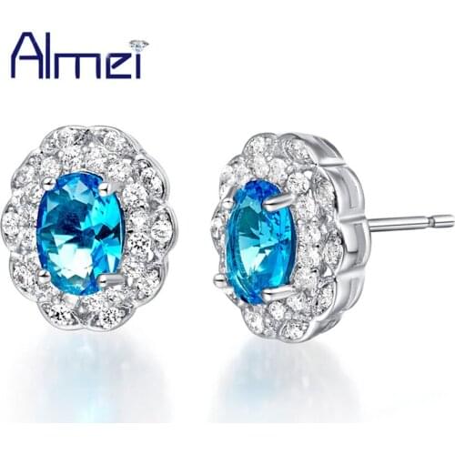 Almei Flower Stud Earrings Fashion Blue Crystal Round Cute Earring Jewelry for Women Small Rhinestone Brincos 2017 Earing R780