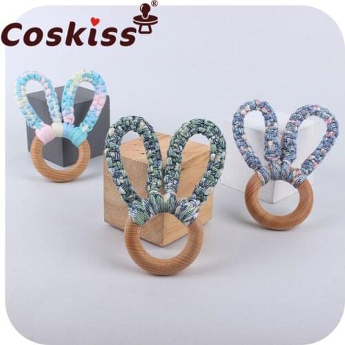Coskiss 1pcs Baby Wooden Pacifier Clip Chain Handmade Cotton Dummy Nipple Clips Holder Leash Strap Knitting Bunny Ears Teether