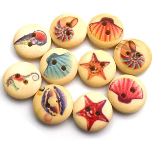 2 Hole Undersea World Round Wood Buttons Clothing Home Decor Sewing Scrapbooking Fabric Handmade DIY 15mm Wooden Button
