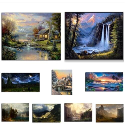 Canvas Painting Watercolor Waterfall Beach Sunset Star Sky Posters and Prints Wall Art Picture For Living Room Home Decoration