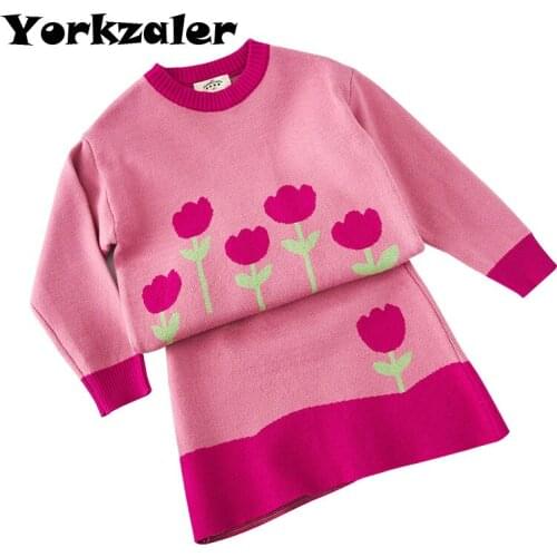 Girls Clothes Set Long Sleeve Winter Clothes Set Fashion Children Warm Clothing Suit Pink Color Flower Kids Knit Clothes Sets