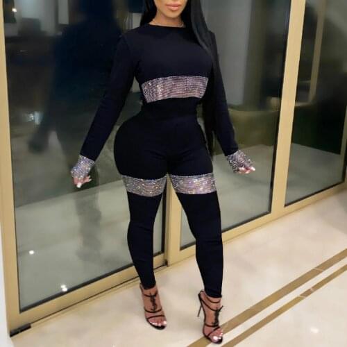 Two Piece Shorts Set Women Sexy Rhinestone Patchwork Tracksuit Black Long Sleeve Top and Shorts Suits 2 Piece Outfits Sportswear