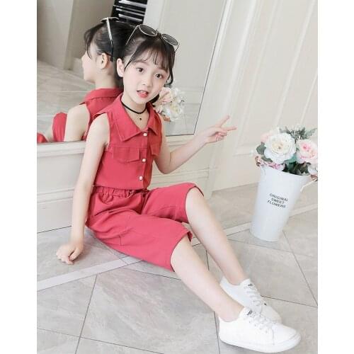 New girls summer casual childrens clothing in the big children super-season sleeveless lapel shirt comfortable suit explosion
