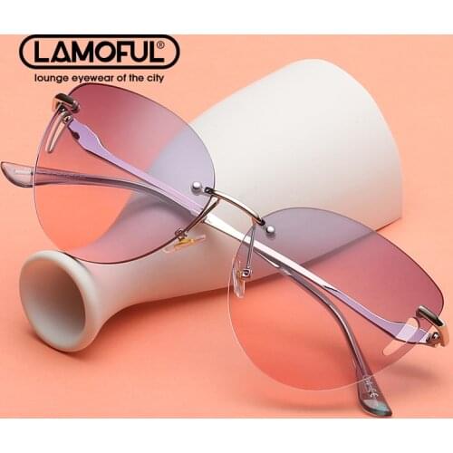 LAMOFUR Brand New Shade Glasses Female Borderless Hollow Ladies Glasses Gradient Green Pink Sunglasses for Women 50552