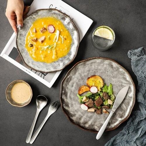 Retro Japanese Stone Grain Tableware Dinner Plates Set Creative Irregular Pasta Salad Plates Kitchen Dinnerware Dishes Sets