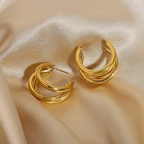 Spanish fashion exaggerated triple hoop earrings 18K gold plated Stainless Steel three ring Circle Earrings
