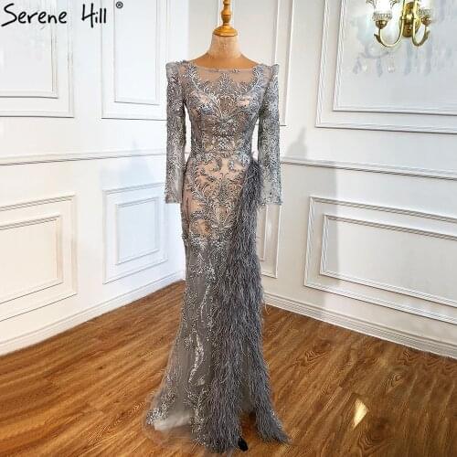 Serene Hill Grey Mermaid Split Luxury Evening Dresses Gowns 2021 Elegant Beadings Feathers Formal Women Party DLA70828