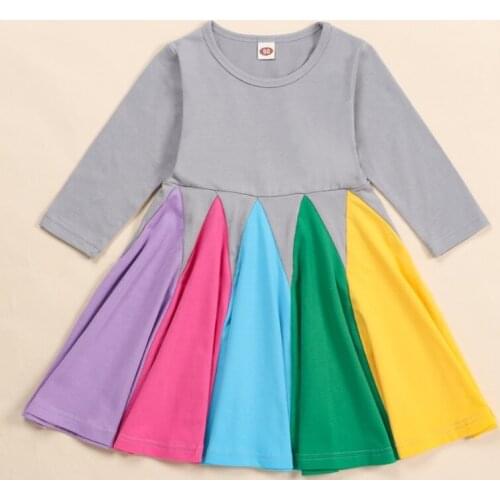 Spring Fall Kids Dresses for Girl Toddler Girl Dress Rainbow Patchwork Long Sleeve Baby Girl Princess Dress Girls Clothes 1-6Y
