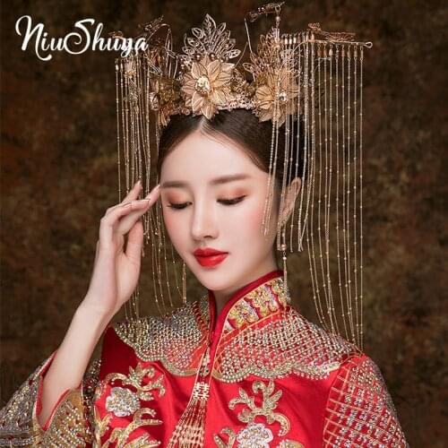 NiuShuya Vintage Chinese Gold Flower Wedding Crown Ancient Bridal Beaded Luxury Hairwear Wedding Jewelry Hair Accessorie