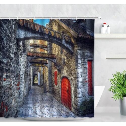 Medieval European Retro City Shower Curtain Stone Old Building Red Door Antique Home Bathroom Decor Waterproof Cloth Curtains