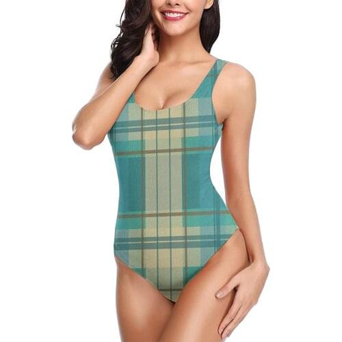 Womens One-Piece Swimsuit 2021 Sexy Padded Sporty Swimsuits Teen Girls Retro Beige Turquoise Plaid Tartan