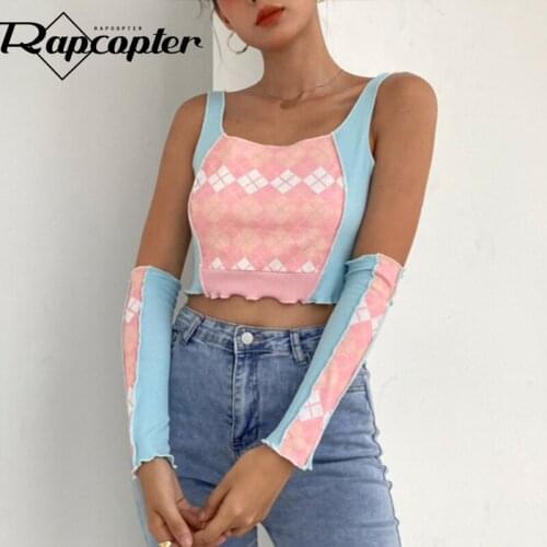 Rapcopter Plaid Knitted Corset Top y2k Kawaii Grunge Crop Top Patched Fairycore Gloves Sweats Women Backless O Neck Vests Basic