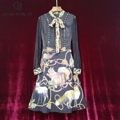 Qian Han Zi designer fashion summer Womens Lace Long Sleeve Dress vintage Bow collar print Diamonds Printed slim dress