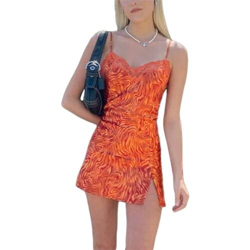 Women Sexy Mini Dress Summer Orange Lace Trim Print Spaghetti Strap Sleeveless V-Neck Cami Short Vestidos 2021