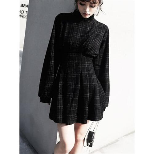 2020 Spring Women Vintage Mini Dress Long Sleeve Plaid A-lined Punk Style Gothic Dresses for Goth Girls Female Retro High Waist