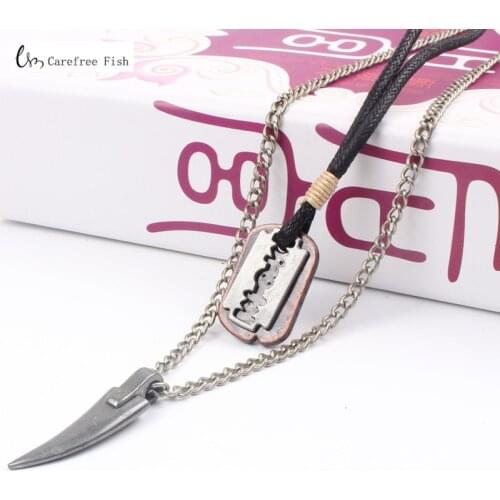 2018 Vintage Mens Necklace Alloy Animal Wolf Tooth Razor Blade Pendants Necklace Multilayer Metal Chain Choker Male Punk Jewelry