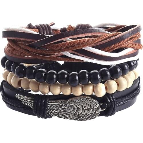4pcs/set hippie punk black leather vintage wing charm brown wood beads cord knots wrap wide stackable Bracelets Bangles for man
