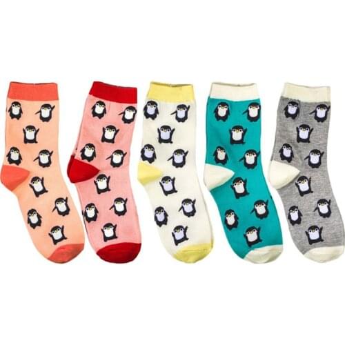 5 Pairs Cute Cartoon Penguin Animal Print Women Crew Socks Cotton Hosiery Gifts