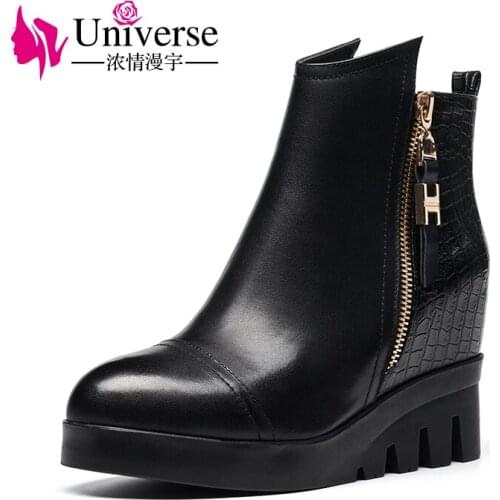 Universe Fashion Wedge Heels Ankle Boots Women Genuine Leather Round toe Zip Female Boot Shoes Woman E262