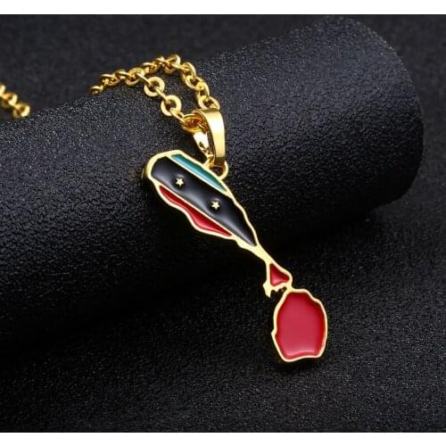 World map Saint Kitts and Nevis Union flag pendant necklace stainless steel chain mens and womens jewelry
