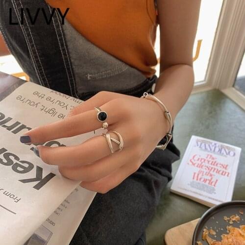 LIVVY Simple Silver Color Black Stone Geometric Opening Rings Fashion Creative Double-Deck Jewelry Party Women Gift