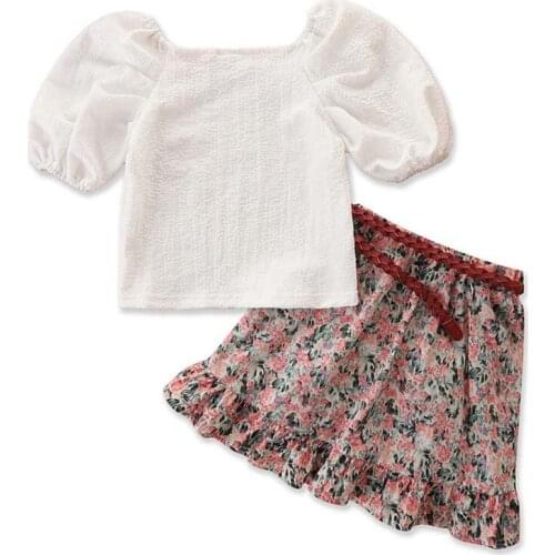 Baby Girls Clothes Sets Summer Toddler Kids Puff Sleeve Top+Floral Short Skirt Western Style Outfits Sets Childrens Clothing