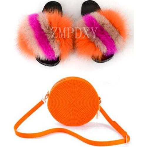 Summer Women Real Fox Fur Slippers Furry Fur Slides Rainbow Jelly Bags Sweet Plush Slippers Ladies Party Shoe Brand slippers
