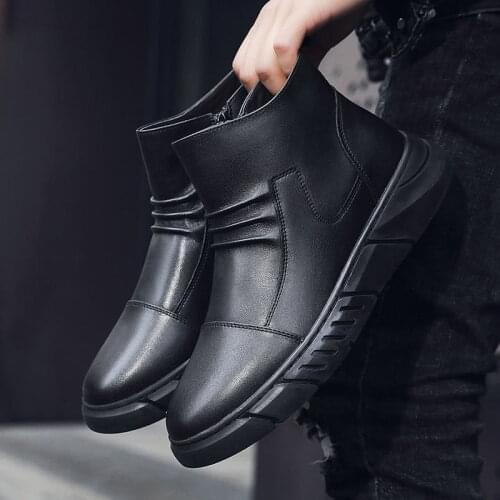 New Men Chelsea Boots High Top Shoes PU Leather Men Ankle Boots Slip-on Man Casual Boots Male Martin Boots Combat Boots