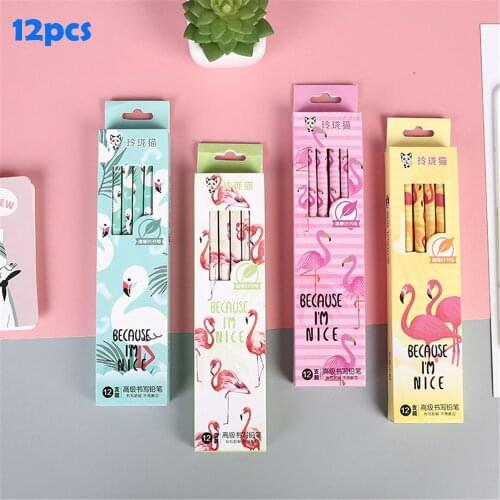 12Pcs/pack Cartoon Animal Flamingo London Soldiers Pencils with Erasers HB Wood Standard Pencils Set School Stationery Supplies