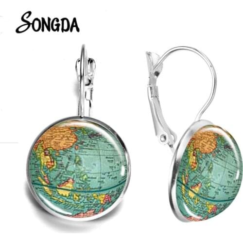 Novelty Retro Earth World Map Punk Earrings Space Planet Theme Handmade French Hook Earring Glass Crystal Gem Ear Jewelry
