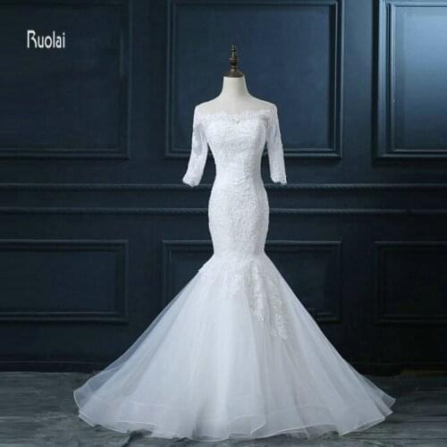 New Arrival Elegant Lace Appliques Beading Scoop Half Sleeves Tulle Mermaid Wedding Dresses Open Back Bridal Dresses Custom Made