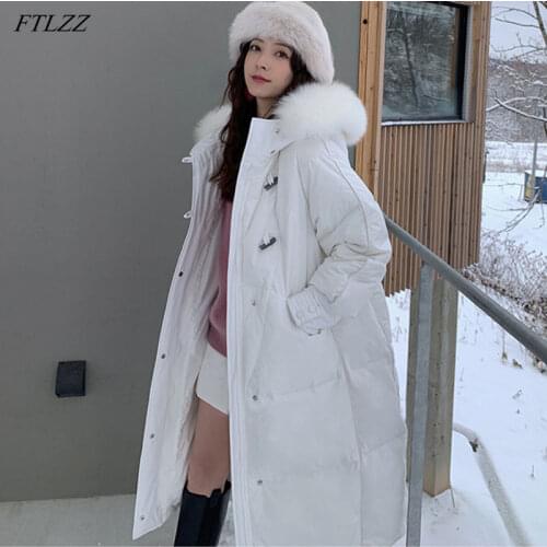 FTLZZ Winter Women Large Artificial Fur Hooded Thick Long Down Coat 90% White Duck Down Parka Horn Button Snow Outwear