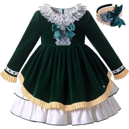 Wholesale 2021 New Kids Girls Autumn Vintage Princess Designer Bridesmaid Spainish Green Velvet Dresses Outfits Age 2345681012Y