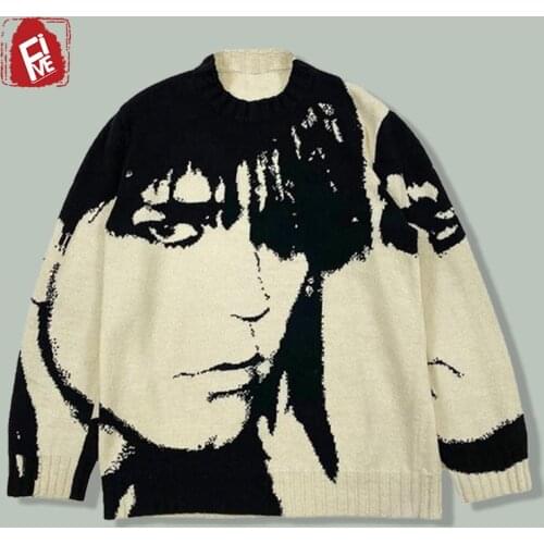 Hip Hop Retro Portrait Print Sweater Mens Harajuku Streetwear Anime Printing Knitted Sweaters 2021 Winter Japan Loose Pullovers