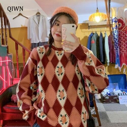 Jacquard Plaid Knitted Sweater Women Autumn Winter Long Sleeved Warm Loose Cute Retro Chic Flowers Pullover Girls Harajuku