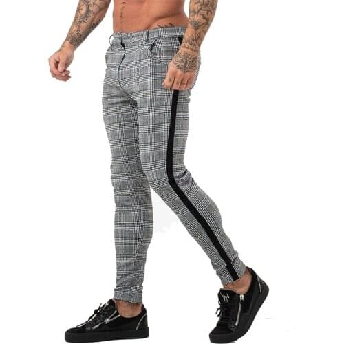 Slim pants mens European and American street fashion business feet Plaid high stretch leisure jogging track pants zipper