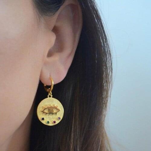 High quality delicate fashion earring Round coin gold earring for women rainbow cz colors engraved lucky eye charming jewelry